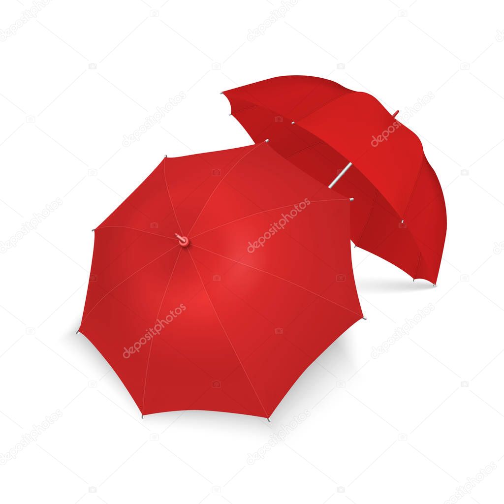 Vector 3d Realistic Render Red Blank Umbrella Icon Set Closeup Isolated on White Background. Design Template of Opened Parasols for Mock-up, Branding, Advertise etc. Top and Front View