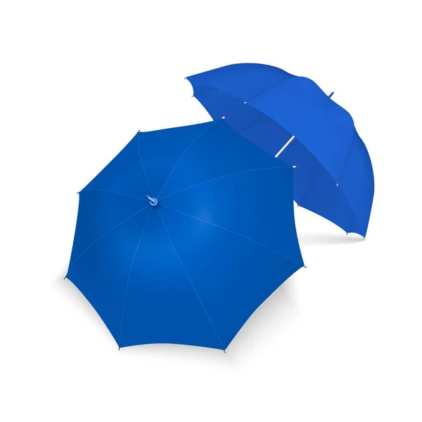 Vector 3D Realista Render paraguas azul en blanco Icono conjunto primer plano aislado sobre fondo blanco. Plantilla de diseño de sombrillas abiertas para burlas, marcas, publicidad, etc. Vista superior y frontal — Vector de stock