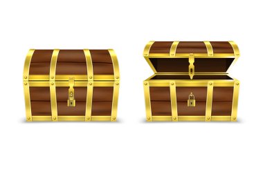 Vektör 3d Gerçekçi Kapalı ve Açık Retro Vintage Antik Eski Hazine Ahşap kahverengi Korsan Dower Göğüs Altın Metal Şeritler ve Asma Kilit ve Anahtar Deliği Closeup Beyaz Arka Plan Izole