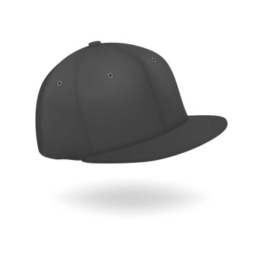 Vektör 3d Gerçekçi Render Siyah Boş Beyzbol Snapback Cap Simge Closeup Beyaz Arka Plan izole. Mock-up, Marka, Reklam için Tasarım Şablonu. Ön ve Yan Görünüm