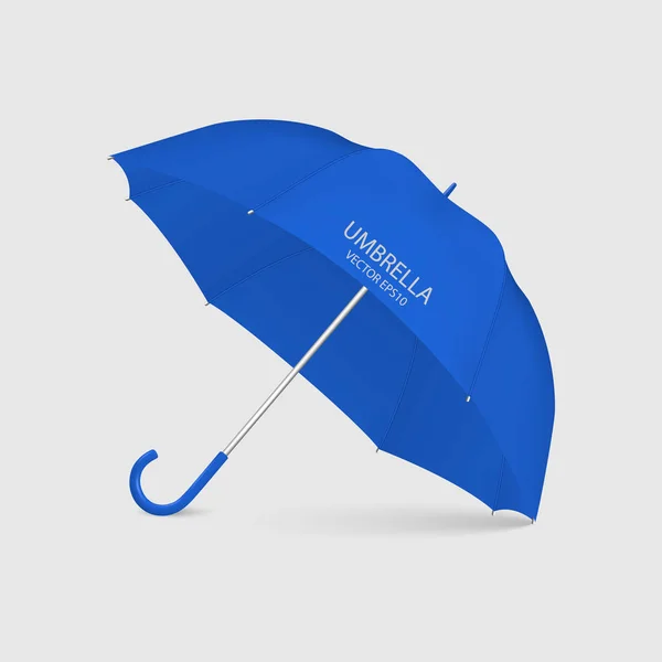 Векторна 3d реалістична піктограма відтворення синьої парасольки крупним планом ізольована на білому тлі. Шаблон дизайну відкритої парасольки для макетів, брендингу, реклами. Вид спереду і збоку — стоковий вектор