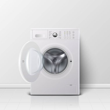 Vektör 3d Gerçekçi Modern Beyaz Çelik Açılan Çamaşır Makinesi Closeup. Wacher Tasarım Şablonu. Ön Görünüm, Çamaşır Konsepti