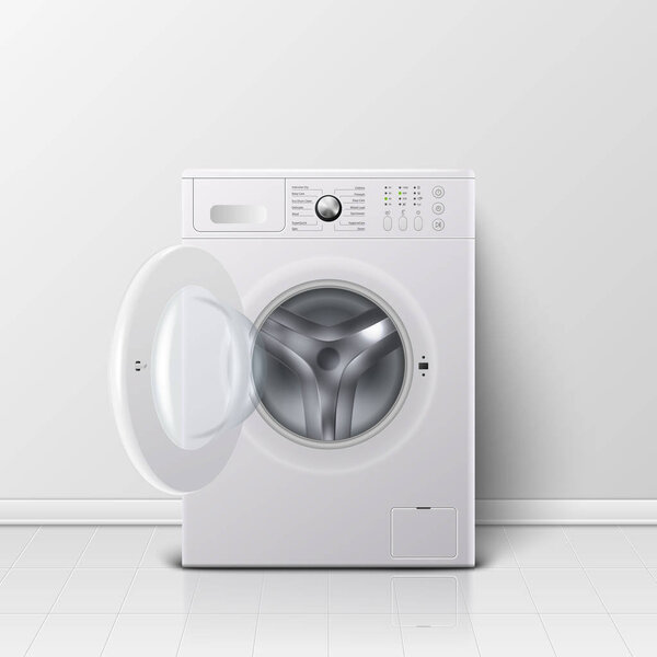 Vector 3d Realistic Modern White Steel Opened Washing Machine Closeup. Design Template of Wacher. Front View, Laundry Concept