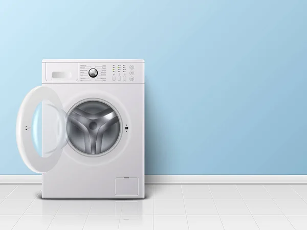 Vector 3d realista moderno branco aço aberto máquina de lavar Closeup. Modelo de Design de Wacher. Vista frontal, Conceito de lavanderia —  Vetores de Stock