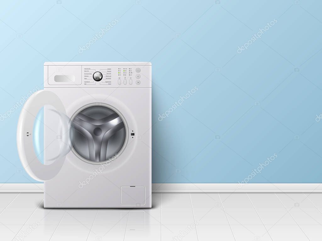 Vector 3d Realistic Modern White Steel Opened Washing Machine Closeup. Design Template of Wacher. Front View, Laundry Concept