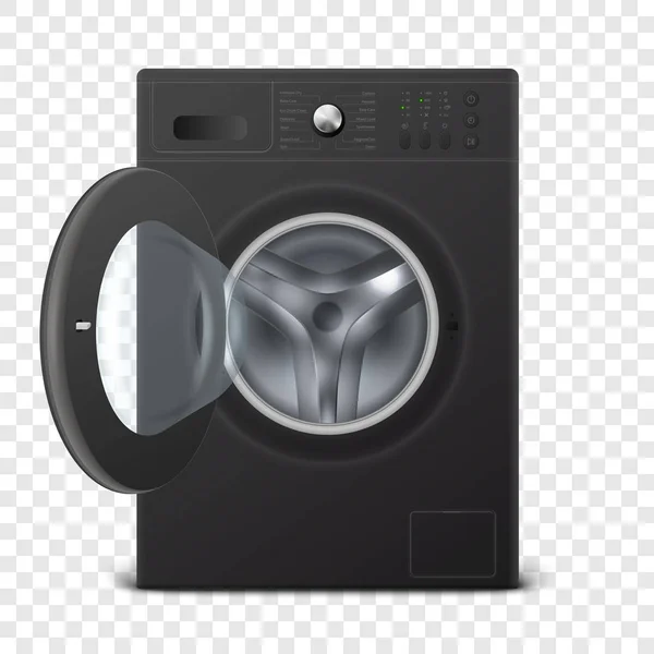 Vector 3d realista moderno preto aço aberto máquina de lavar Icon Closeup Isolado em fundo transparente. Modelo de Design de Wacher. Vista frontal, Conceito de lavanderia — Vetor de Stock