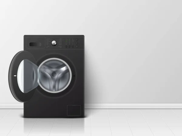 Διάνυσμα 3D ρεαλιστική σύγχρονη μαύρο ατσάλι άνοιξε το πλυντήριο σε κοντινό πλάνο. Υπόδειγμα σχεδίου του Γουάτσερ. Μπροστινή θέα, Πλύσιμο ρούχων — Διανυσματικό Αρχείο