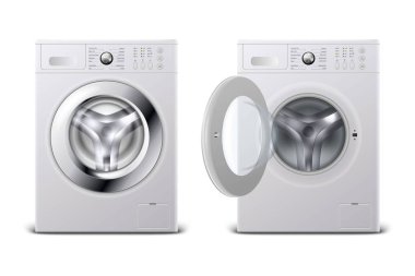 Vektör 3d Gerçekçi Modern Beyaz Çelik Kapalı ve Açık Çamaşır Makinesi Simge Seti Closeup Beyaz Arka Plan izole. Wacher Tasarım Şablonu. Ön Görünüm, Çamaşır Konsepti