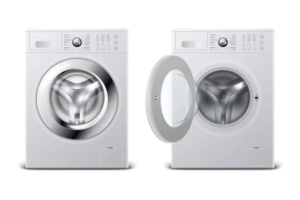 Διάνυσμα 3D ρεαλιστική σύγχρονη λευκό χάλυβα κλειστά και ανοιγμένο πλυντήριο ρούχων εικονίδιο σετ κοντινά πλάνα απομονωμένα σε λευκό φόντο. Υπόδειγμα σχεδίου του Γουάτσερ. Μπροστινή θέα, Πλύσιμο ρούχων — Διανυσματικό Αρχείο