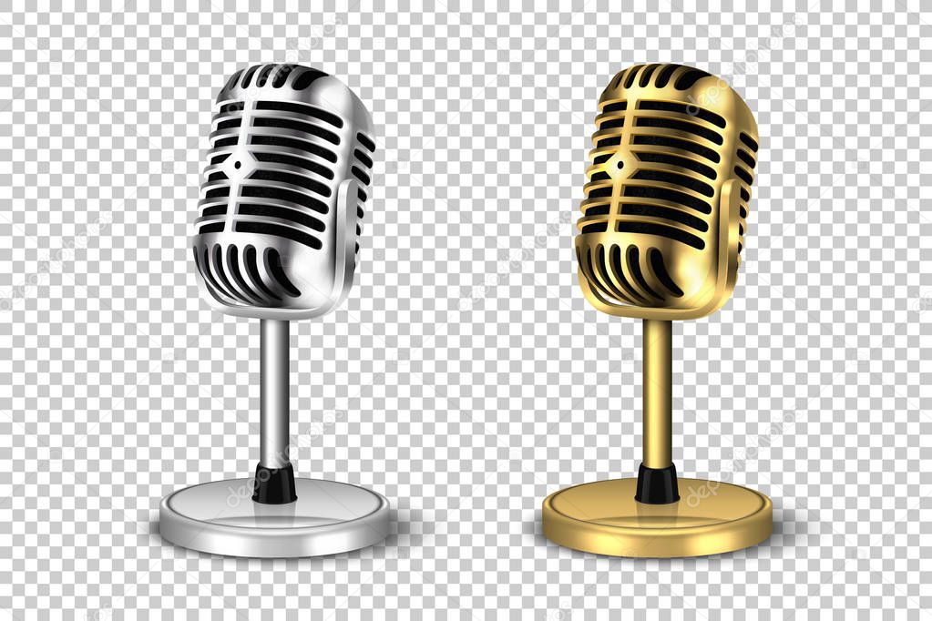 Vector 3d Realistic Retro Steel Metal Silver and Golden Concert Vocal Microphone with Stand Icon Set Closeup Isolated on Transparent Background. Design Template of Vintage Karaoke Mike. Front View