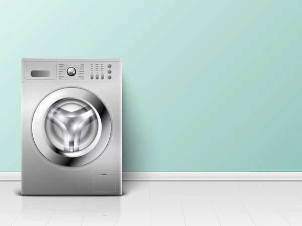 Vector 3d realista moderno branco de aço máquina de lavar Closeup. Modelo de Design de Wacher. Vista frontal, Conceito de lavanderia — Vetor de Stock