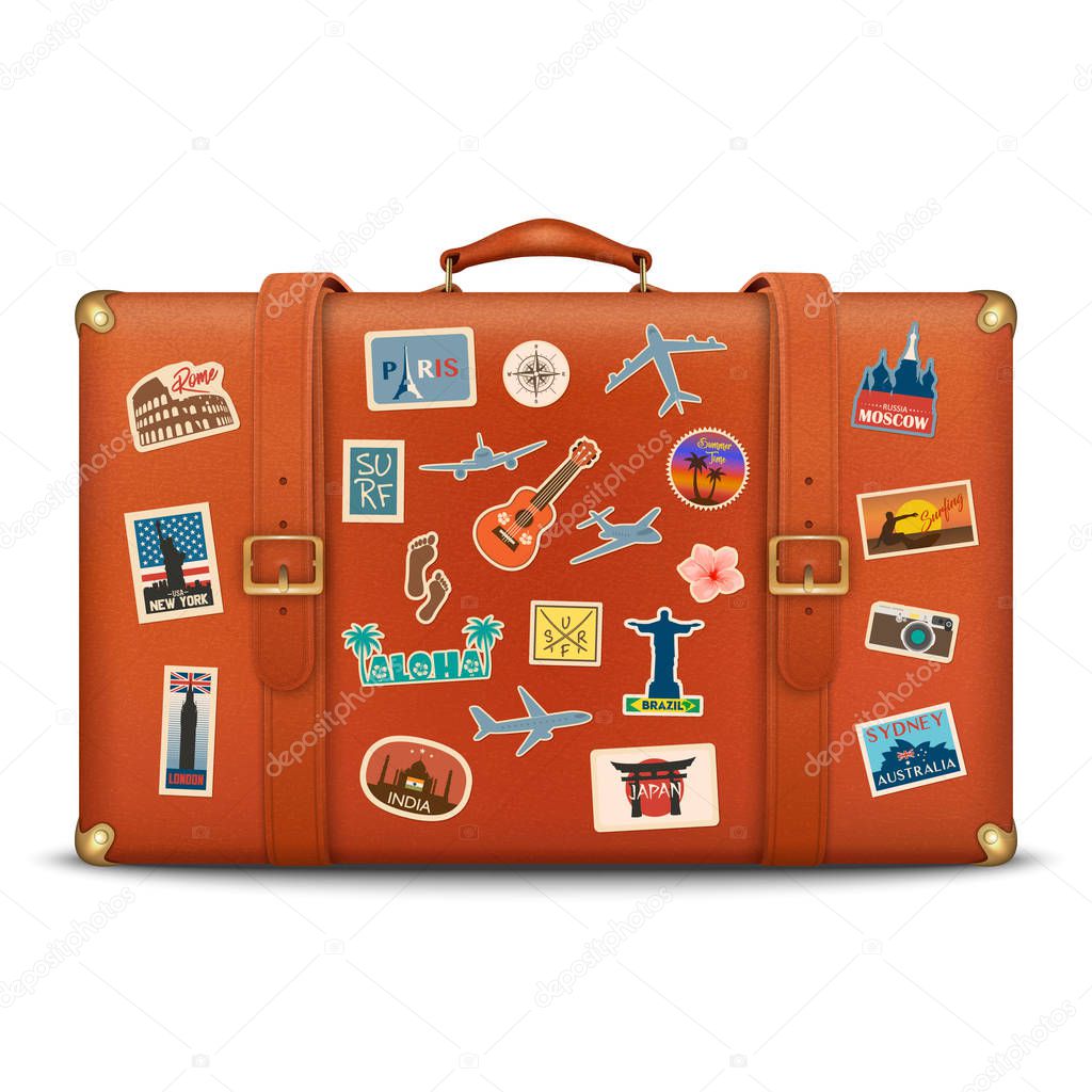 Vector 3d Realistic Retro Leather Brown Threadbare Suitcase With Travel Stickers, Metal Corners and Belts Icon Closeup Isolated on White Background. Vacation Concept. Vintage Trip Bag. Front View