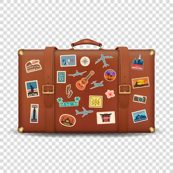 Vector 3d Realistic Retro Leather Brown Threadbare Suitcase and Travel Stickers, Metal Corners and Belts Icon Closeup Terisolasi di Latar Belakang Transparent. Konsep Liburan. Tas Trip Vintage. Tampilan Depan - Stok Vektor