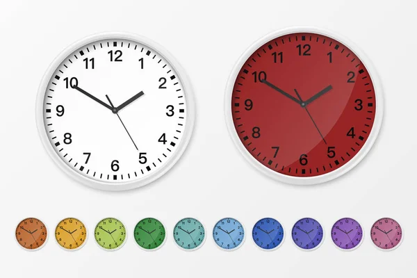 Vektorová 3D realistická klasická jednoduchá zeď Office hodiny ikona nastavení na bílém pozadí. Různé barvy. Šablona návrhu pro návrhy, propagace značky, inzerování, interiérový design. Pohled zepředu — Stockový vektor