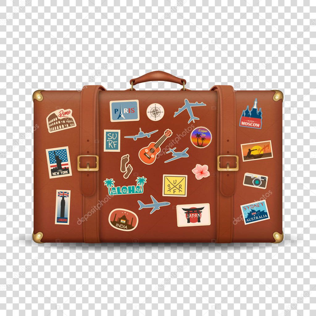 Vector 3d Realistic Retro Leather Brown Threadbare Suitcase and Travel Stickers, Metal Corners and Belts Icon Closeup Isolated on Transparent Background. Vacation Concept. Vintage Trip Bag. Front View