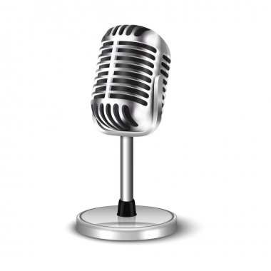 Vektör 3d Gerçekçi Çelik Retro Konser Vokal Mikrofon Stand Simge Closeup Beyaz Arka Plan izole ile. Vintage Karaoke Metal Mic Tasarım Şablonu. Ön görünüm