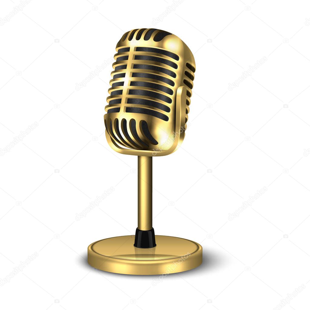 Vector 3d Realistic Gold Retro Concert Vocal Microphone with Stand Icon Closeup Isolated on White Background. Design Template of Vintage Karaoke Metal Mic. Front view