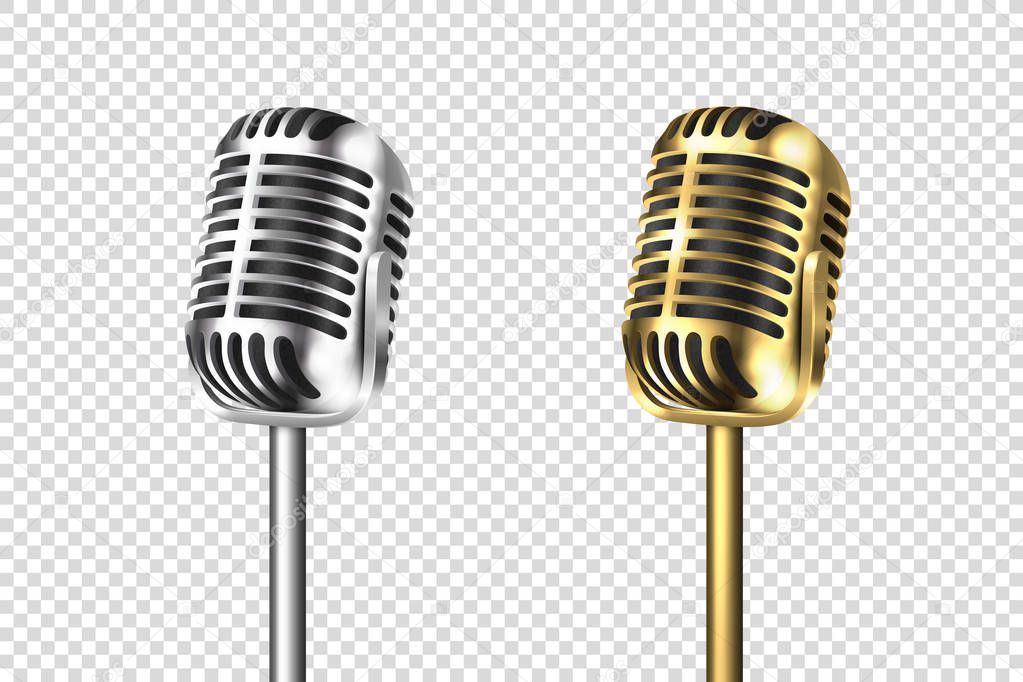 Vector 3d Realistic Retro Steel Silver and Gold Metal Concert Vocal Microphone Set Closeup Isolated on Transparent Background. Design Template of Vintage Karaoke Mike. Front and Side View