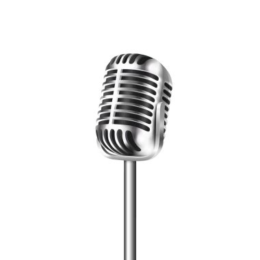 Vektör 3d Gerçekçi Çelik Retro Konser Vokal Mikrofon Simge Closeup Beyaz Arka Plan izole. Vintage Karaoke Metal Mic Tasarım Şablonu. Ön görünüm