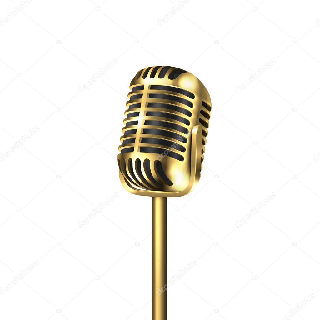 Vector 3d Realistic Steel Golden Retro Concert Vocal Microphone Icon Closeup Isolated on White Background. Design Template of Vintage Karaoke Metal Mic. Front view