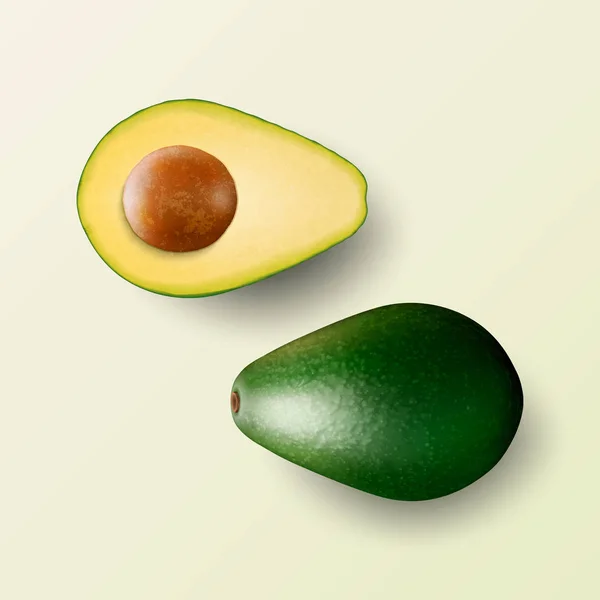 Vektor 3D realistische ganze und schneiden Sie die Hälfte Avocado mit Samen-Set Nahaufnahme isoliert auf grünem Hintergrund. Design-Vorlage, Lebensmittel, Gesundheit, Ernährungskonzept. Ansicht von oben — Stockvektor