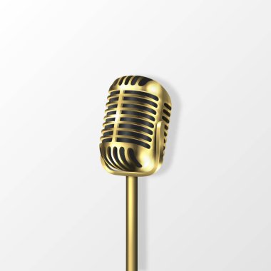 Vektör 3d Gerçekçi Altın Çelik Retro Konser Vokal Mikrofon Gölge Closeup Beyaz Arka Plan üzerinde. Vintage Karaoke Metal Mic Tasarım Şablonu. Ön görünüm