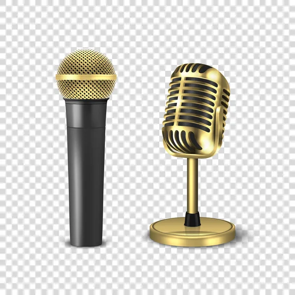Vector 3D reális Steel Golden retro koncert Vocal Stage mikrofon beállítása closeup izolált átlátszó háttér. Tervezősablon a Vintage Classic karaoke Metal MIC. Elülső nézet — Stock Vector