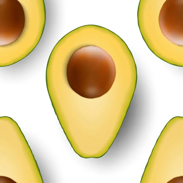 Naadloos patroon met 3D realistische cut halve avocado met zaad close-up op witte achtergrond. Ontwerpsjabloon, voedsel, gezondheid, dieet concept. Bovenaanzicht. Behang, verpakking, afdrukken voor textiel — Stockvector