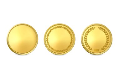 Vektör 3d Gerçekçi Altın Metal Boş Sikke Simge Set Closeup Beyaz Arka Plan izole. Tasarım Şablonu, Altın Para Clipart, Madalya, Mockup için Currensy. Finansal, İş Kavramı. Ön Görünüm