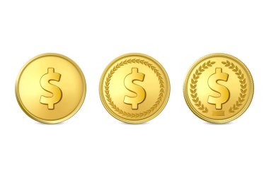 Vektör 3d Gerçekçi Golden Metal Dollar Coin Icon Set Closeup Beyaz Arka Plan izole. Tasarım Şablonu, Altın Para Clipart, Para Birimi. Finansal, İş Kavramı. Ön Görünüm