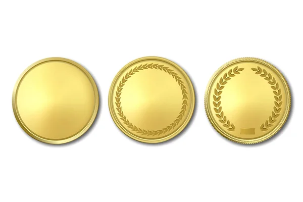 Wektor 3D realistyczny złoty metal blank Coin ikona zestaw zbliżenie na białym tle. Szablon projektu, clipart złotych pieniędzy, medal, Currensy dla makieta. Koncepcja finansowa, biznesowa. Widok z góry — Wektor stockowy