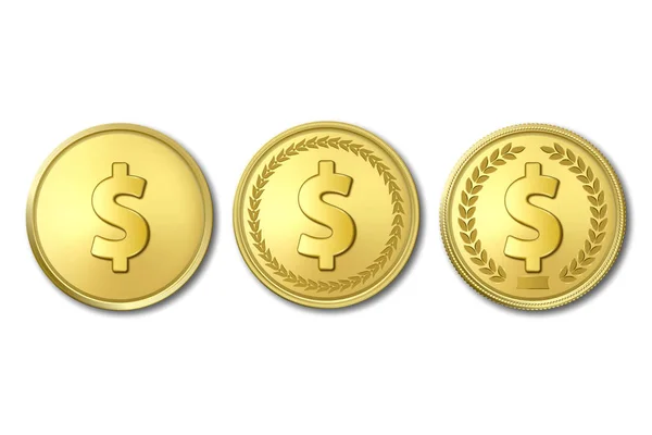 Vector 3D Realistic Golden Metal Dollar Coin Icon Set Closeup Isolado no fundo branco. Modelo de design, Clipart of Gold Money, Moeda. Financial, Business Concept. Vista superior — Vetor de Stock