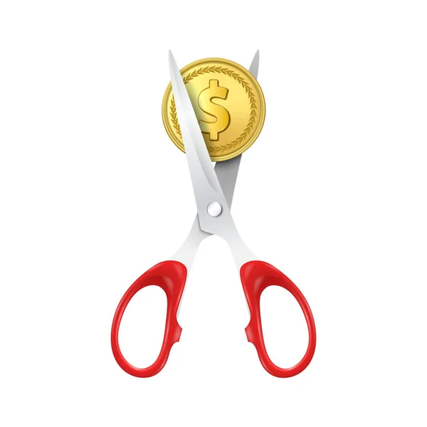 Vector 3D Dólar de metal dourado realista com tesouras utting um ícone de aveia Closeup Isolado em fundo branco. Banner de venda com desconto percentual, taxa de câmbio. Financeiro, Conceito de Negócio — Vetor de Stock