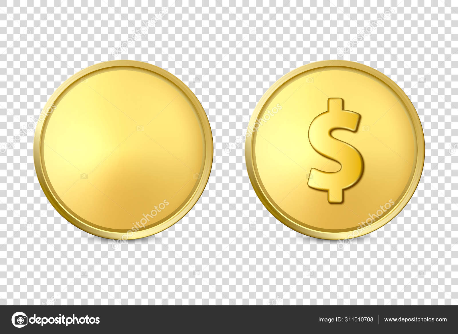 ベクトル3D現実的なゴールデンメタルコインアイコンセット、ブランクとドル記号で、透明背景に隔離された閉じます。デザインテンプレート,金のお金の一部,通貨.金融概念。フロントビュー  ストックベクター ©Gomolach 311010708