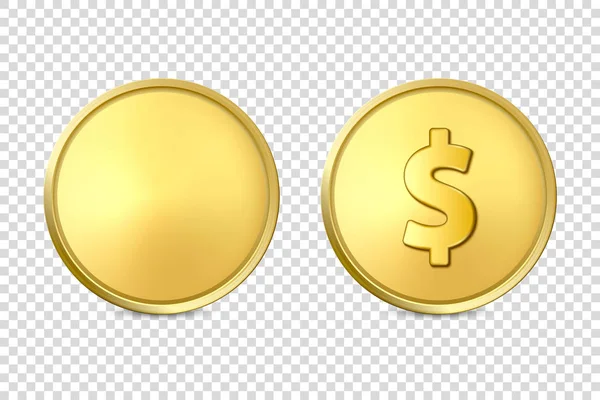 Vector 3d Realistic Golden Metal Coin Icon Set, Blank and with Dollar Sign, Closeup Isolated on Transparent Background Дизайн Template, Clipart of Gold Money, Currency. Фінансова думка. Передній вид — стоковий вектор