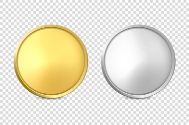 Vektör 3d Gerçekçi Boş Altın ve Gümüş Metal Madeni Para veya Madalya Simgesi Seti Şeffaf Arkaplan 'da izole edildi. Tasarım Şablonu, Altın Paranın Clipart 'ı, Para Birimi. Finansal konsept. Ön Görünüm