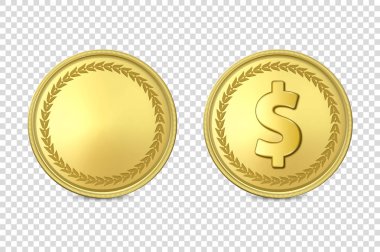 Vektör 3d Gerçekçi Altın Metal Madeni Para Kümesi, Boşluk ve Dolar İşareti ile, Kapanış Şeffaf Arkaplan 'da izole edildi. Tasarım Şablonu, Altın Paranın Clipart 'ı, Para Birimi. Finansal konsept. Ön Görünüm