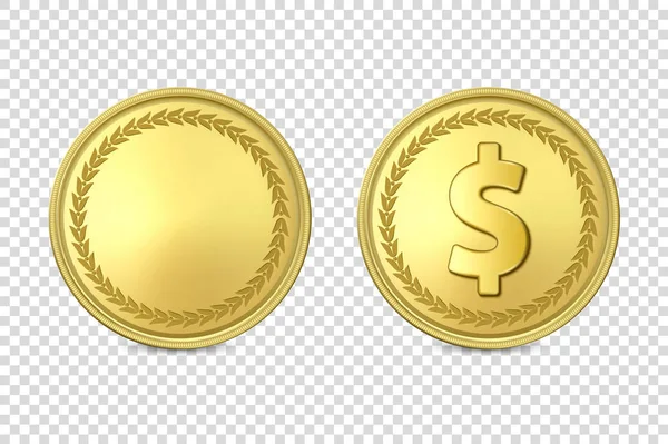 Conjunto de ícones de moedas de metal dourado realista vetorial 3d, em branco e com sinal de dólar, close-up isolado em fundo transparente. Modelo de design, Clipart of Gold Money, Moeda. Conceito Financeiro. Vista frontal — Vetor de Stock
