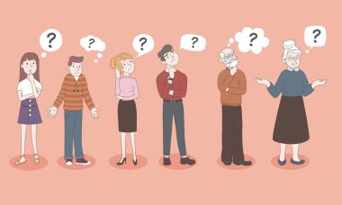 İnsanlar - Genç kız, erkek, kadın, erkek, yaşlı erkek, yaşlı kadın - omuz silkiyor, Meraklı bir ifadeyle karışık düşünüyor - bilmiyorum. Duygu ve Soru işareti. El Çizimi, Düz Çizgi Karakterler