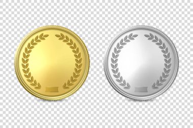 Vektör 3d Gerçekçi Boş Altın ve Gümüş Metal Madeni Para veya Madalya Simgesi Seti Şeffaf Arkaplan 'da izole edildi. Tasarım Şablonu, Altın Paranın Clipart 'ı, Para Birimi. Finansal konsept. Ön Görünüm