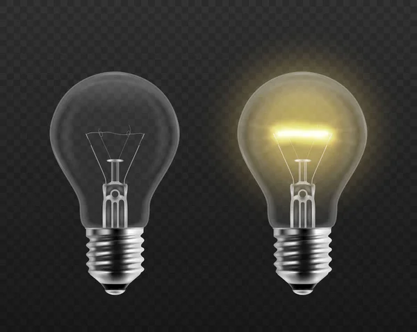 Vektor 3d realistische Ein- und Ausschalten Glühbirnen-Symbol-Set Nahaufnahme isoliert auf transparentem Hintergrund. Glühende Glühbirnen. Kreativität Idee, unternehmerisches Innovationskonzept — Stockvektor