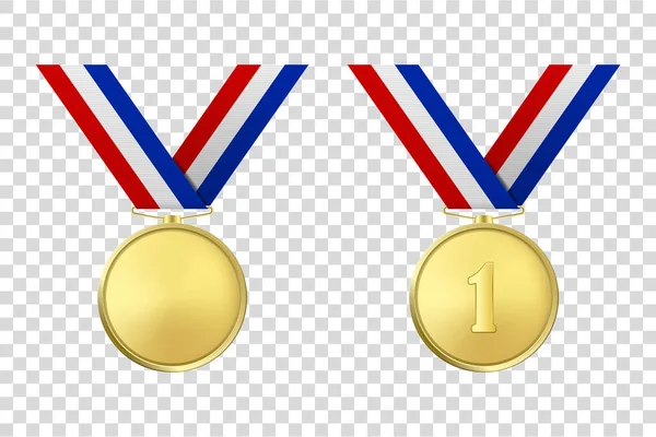 Icona con medaglia d'oro realistica vettoriale 3d con nastri a colori isolato su sfondo trasparente. Modello di design, Mockup. Blank e il primo posto, premio. Torneo sportivo, Vittoria — Vettoriale Stock