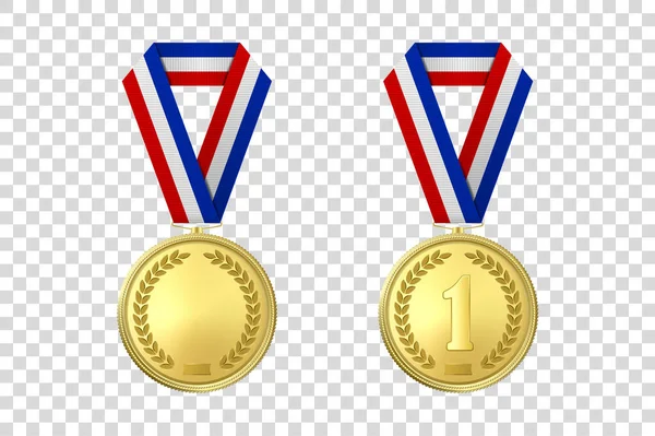 Vektorové 3D realistické zlaté medaile Ikona Set s barevnou stuhou Closeup Izolované na průhledném pozadí. Šablona designu, Mockup. Blank a The First Place, Prize. Sportovní turnaj, Vítězná koncepce — Stockový vektor