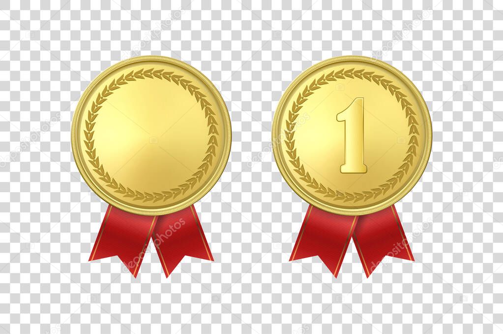 Vector 3d Realistic Gold Award Medal Icon Set with Red Ribbons Closeup Isolated on Transparent Background. Design Template, Mockup. Blank and The First Place, Prize. Sport Tournament, Victory Concept
