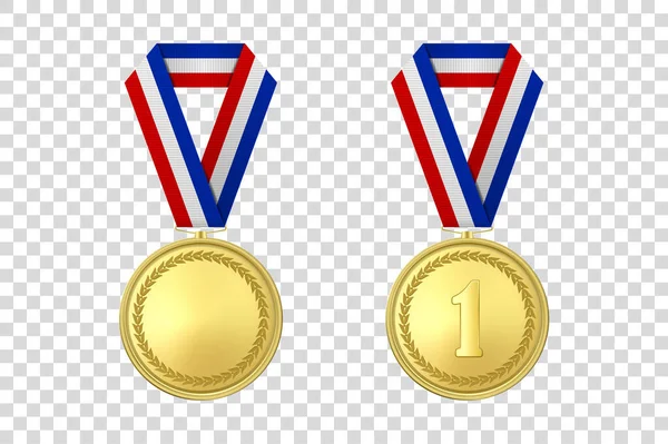 Icona con medaglia d'oro realistica vettoriale 3d con nastro colorato isolato su sfondo trasparente. Modello di design, Mockup. Blank e il primo posto, premio. Torneo sportivo, concetto di vittoria — Vettoriale Stock