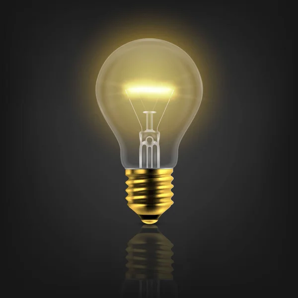 Vector 3d Realistic Golden Turning On Light Bulb Icon Closeup Isolated on White Background with Reflection. Glowing Incandescent Filament Lamps. Creativity Idea, Business Innovation Concept — Stock Vector
