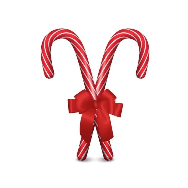 白い背景に隔離された赤い弓の閉鎖と2つのベクター3D現実的なクリスマスと新年のキャンディーの杖。Xmas Sweetの略。デザインのためのテンプレート,グリーティングカード.フロントビュー — ストックベクタ