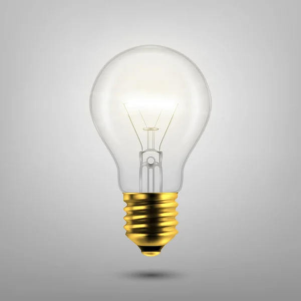 Vektor 3D realistische goldene Einschaltung Glühbirnen-Symbol Nahaufnahme isoliert auf grauem Hintergrund. Designvorlage, Cliparts. Glühende Glühbirnen. Kreativität Idee, unternehmerisches Innovationskonzept — Stockvektor