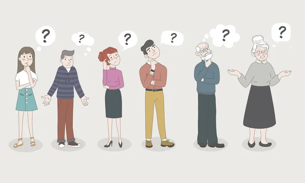 People - Teen Girl, Boy, Woman, Man, Old Men, Old Woman - are Shrugging, Thinking Confused with a Curious Expression - I don t know. Emotion and Question mark. Hand Drawn, Flat Cartoon Characters