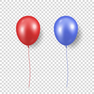 Vektör 3d Gerçekçi Parlak Metalik Kırmızı ve Mavi Balon Kurdele Simgesi Kapalı Şeffaf Arkaplan 'da izole edildi. Mockup için Şeffaf Balonların Tasarım Şablonu. Yıldönümü, Doğum günü Partisi